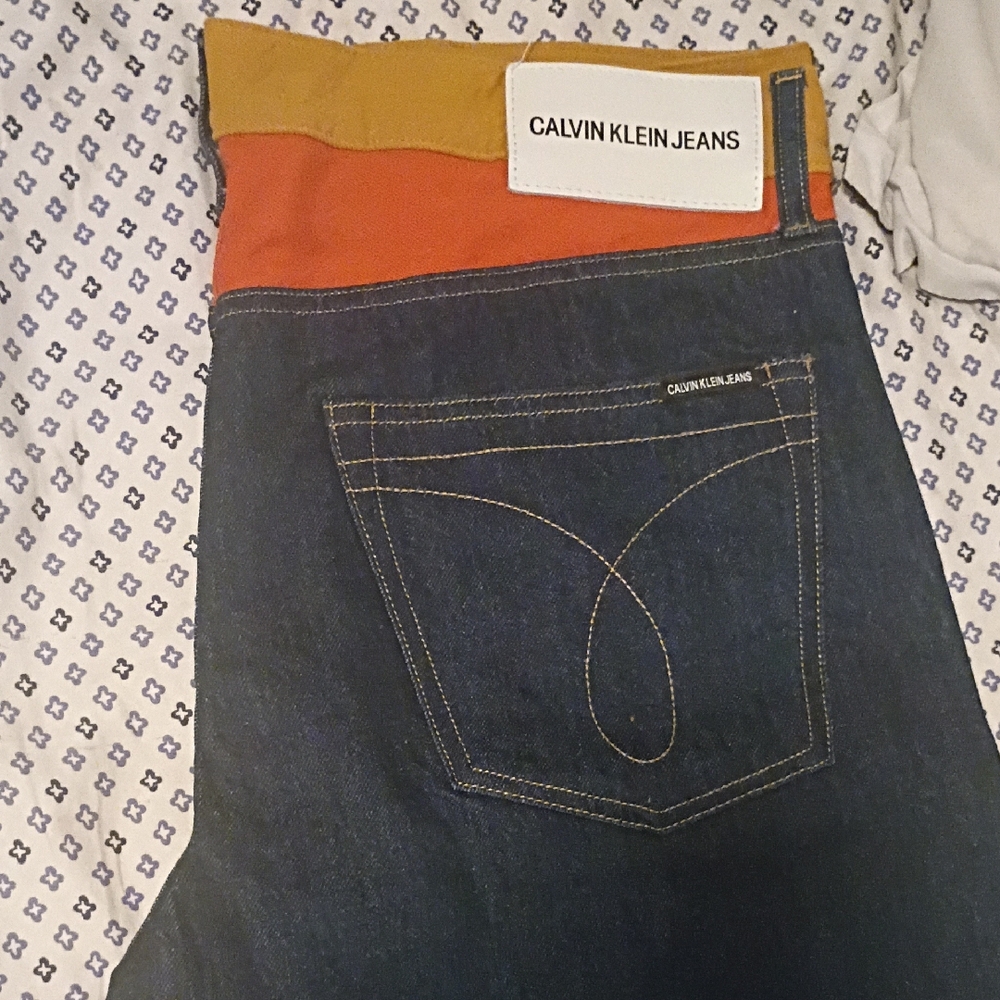 Calvin Klein Men's Dark Blue And Green Jeans with Orange and Yellow Accents